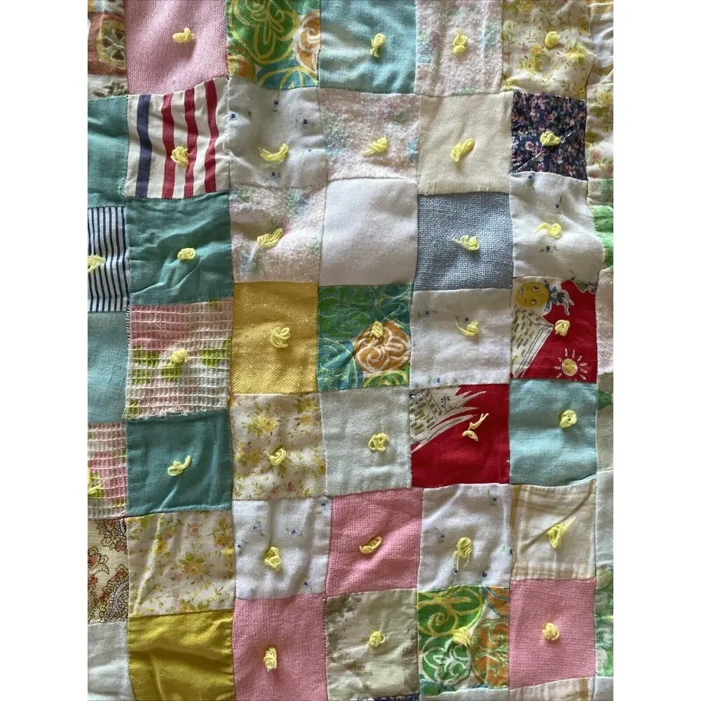 Vintage 1950s Baby Quilt Lot 2 Hand-Tied Patchwork Crib Toddler Blankets Craft